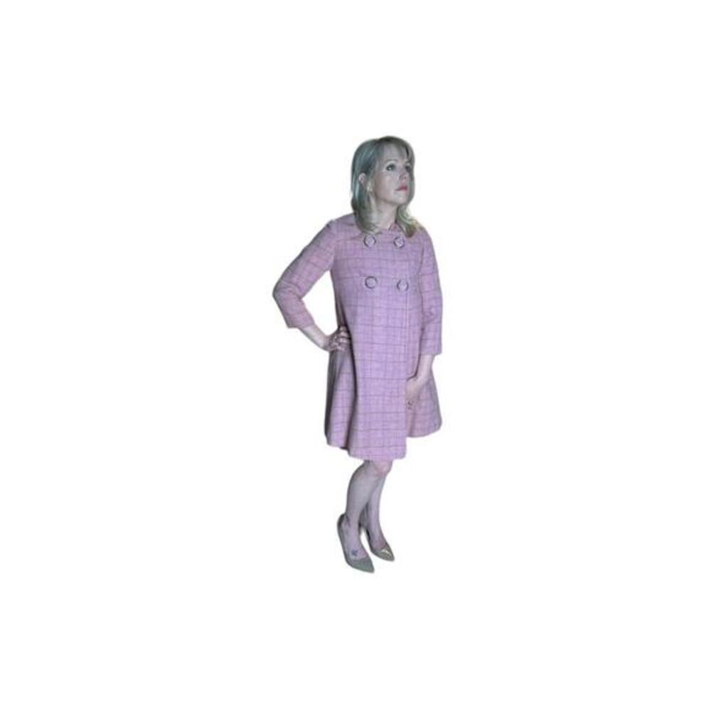 Vintage Womens Pink Plaid Coat Dress Set Double Breasted Jacket - Picture 2 of 12